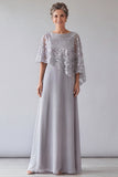 Silver Grey A Line Chiffon Mother of the Bride Dress with Sequin Cape