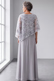 Silver Grey A Line Chiffon Mother of the Bride Dress with Sequin Cape