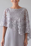 Silver Grey A Line Chiffon Mother of the Bride Dress with Sequin Cape