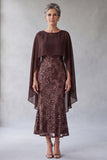 Dark Brown Mermaid Sequin Midi Mother of the Bride with Cape