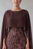Dark Brown Mermaid Sequin Midi Mother of the Bride with Cape