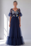 Navy Sequin V-Neck A Line Mother of the Bride Dress with Short Sleeves