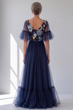 Navy Sequin V-Neck A Line Mother of the Bride Dress with Short Sleeves