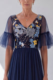 Navy Sequin V-Neck A Line Mother of the Bride Dress with Short Sleeves