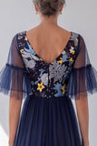 Navy Sequin V-Neck A Line Mother of the Bride Dress with Short Sleeves
