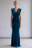 Peacock Blue Ruched V-Neck Velvet Mother of the Bride Dress