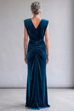 Peacock Blue Ruched V-Neck Velvet Mother of the Bride Dress