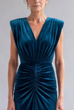 Peacock Blue Ruched V-Neck Velvet Mother of the Bride Dress