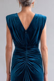 Peacock Blue Ruched V-Neck Velvet Mother of the Bride Dress