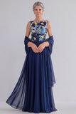 Navy Sequin Bateau Neck A Line Long Mother of the Bride Dress with Shawl