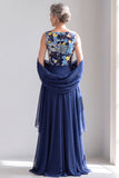 Navy Sequin Bateau Neck A Line Long Mother of the Bride Dress with Shawl