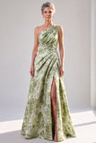 One Shoulder Sage Green Floral Ruched A Line Maxi Dress with Slit