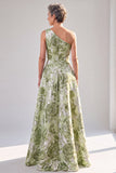 One Shoulder Sage Green Floral Ruched A Line Maxi Dress with Slit