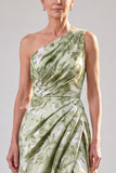 One Shoulder Sage Green Floral Ruched A Line Maxi Dress with Slit
