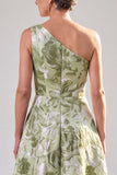 One Shoulder Sage Green Floral Ruched A Line Maxi Dress with Slit
