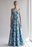 Floral Blue V-Neck A Line Maxi Dress with Bow Belt