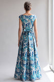 Floral Blue V-Neck A Line Maxi Dress with Bow Belt