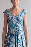 Floral Blue V-Neck A Line Maxi Dress with Bow Belt