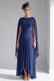 Navy Ruched A Line High-Low Chiffon Mother of the Bride Dress with Cape