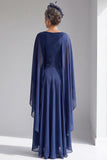 Navy Ruched A Line High-Low Chiffon Mother of the Bride Dress with Cape