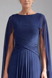 Navy Ruched A Line High-Low Chiffon Mother of the Bride Dress with Cape