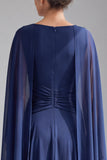 Navy Ruched A Line High-Low Chiffon Mother of the Bride Dress with Cape