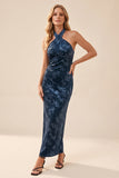 Halter Navy Sheath Velvet Formal Dress