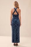 Halter Navy Sheath Velvet Formal Dress