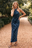 Halter Navy Sheath Velvet Formal Dress