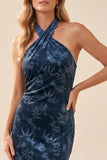 Halter Navy Sheath Velvet Formal Dress