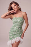 Green Fringed Sequin Ruffled Bodycon Homecoming Dress with Lace-up Back