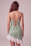 Green Fringed Sequin Ruffled Bodycon Homecoming Dress with Lace-up Back
