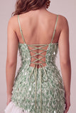 Green Fringed Sequin Ruffled Bodycon Homecoming Dress with Lace-up Back