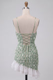 Green Fringed Sequin Ruffled Bodycon Homecoming Dress with Lace-up Back