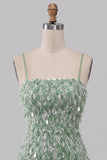 Green Fringed Sequin Ruffled Bodycon Homecoming Dress with Lace-up Back