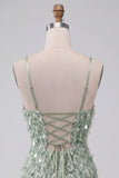 Green Fringed Sequin Ruffled Bodycon Homecoming Dress with Lace-up Back