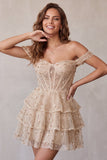 Champagne Off the Shoulder Corset Sequin Tiered A Line Homecoming Dress