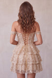 Champagne Off the Shoulder Corset Sequin Tiered A Line Homecoming Dress