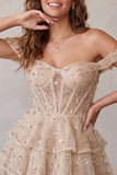 Champagne Off the Shoulder Corset Sequin Tiered A Line Homecoming Dress