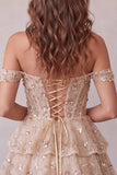 Champagne Off the Shoulder Corset Sequin Tiered A Line Homecoming Dress