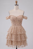 Champagne Off the Shoulder Corset Sequin Tiered A Line Homecoming Dress