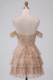 Champagne Off the Shoulder Corset Sequin Tiered A Line Homecoming Dress