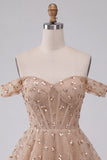 Champagne Off the Shoulder Corset Sequin Tiered A Line Homecoming Dress