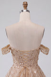 Champagne Off the Shoulder Corset Sequin Tiered A Line Homecoming Dress