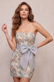 Strapless Light Grey Sequin Beaded Bodycon Homecoming Dress with Bow