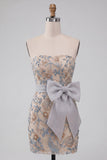 Strapless Light Grey Sequin Beaded Bodycon Homecoming Dress with Bow
