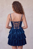 Navy Velvet A Line Corset Tiered Ruffle Short Homecoming Dress