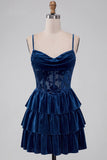 Navy Velvet A Line Corset Tiered Ruffle Short Homecoming Dress