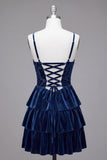 Navy Velvet A Line Corset Tiered Ruffle Short Homecoming Dress