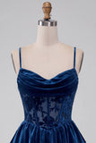 Navy Velvet A Line Corset Tiered Ruffle Short Homecoming Dress